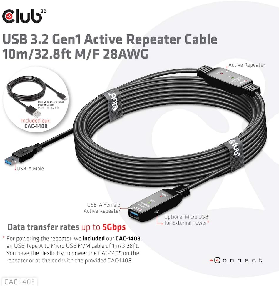 CLUB3D USB 3.2 Gen1 Active Repeater Cable 10 m / 32.8 ft M/F 28AWG