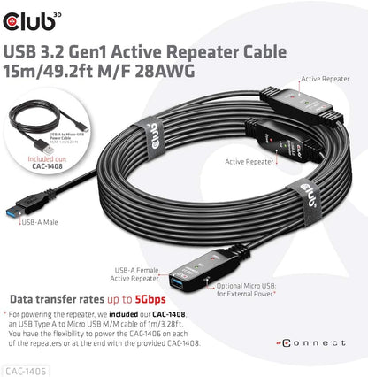 Club 3D USB 3.2 Gen1 Active Extension Cable 15 m Male/B 28AWG