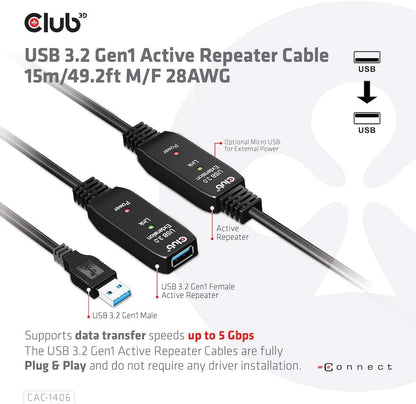 Club 3D USB 3.2 Gen1 Active Extension Cable 15 m Male/B 28AWG