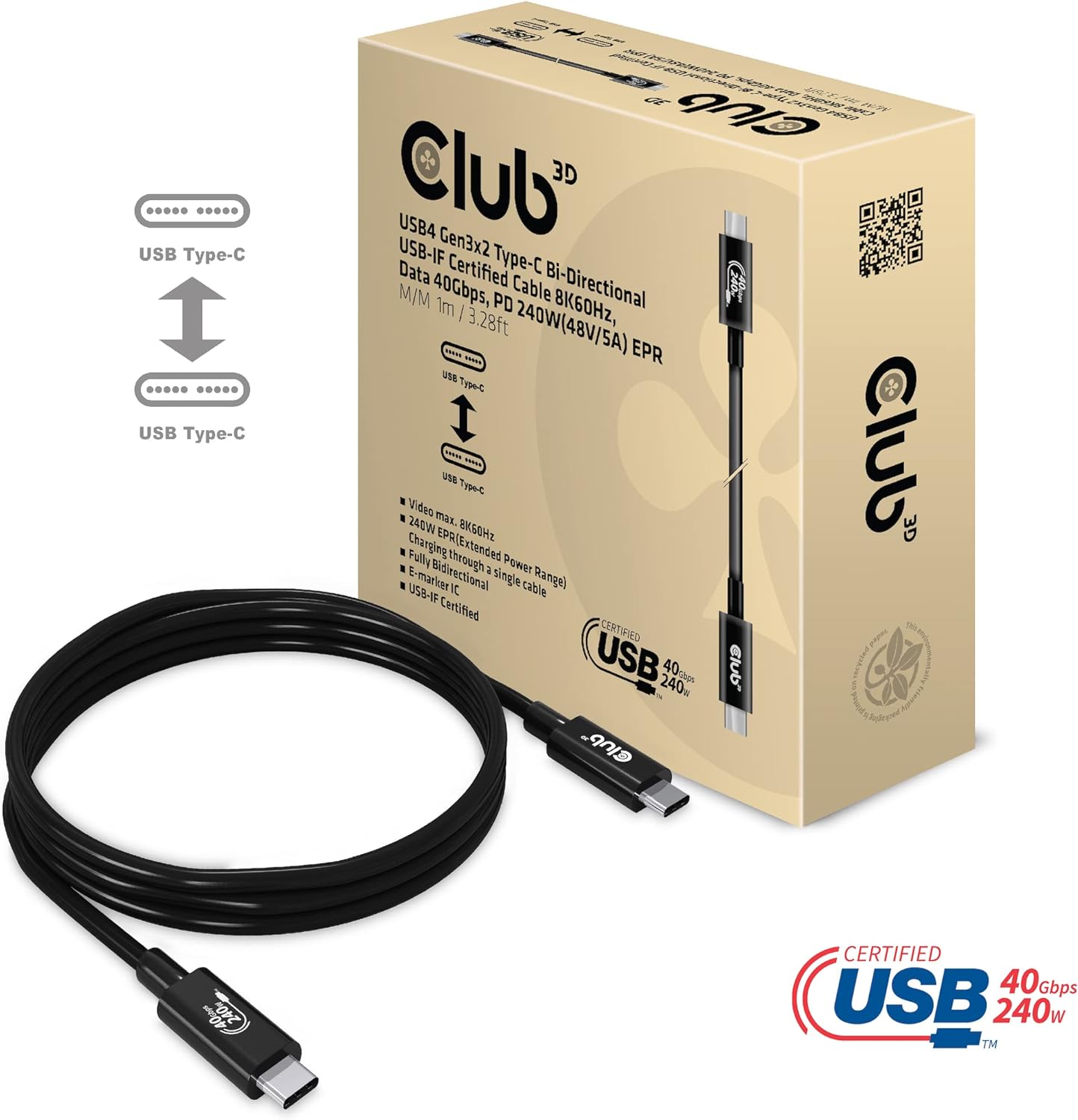 Club 3D USB4 Gen3x2 Type-C Bi-Directional USB-IF Certified Cable 8K60Hz, Data 40Gbps, PD 240W EPR M/M 1m CAC-1576