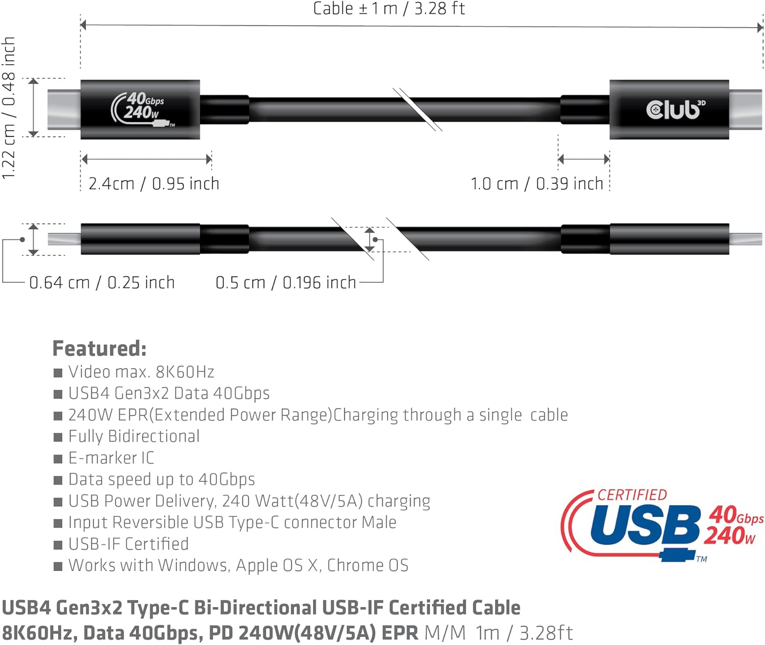 Club 3D USB4 Gen3x2 Type-C Bi-Directional USB-IF Certified Cable 8K60Hz, Data 40Gbps, PD 240W EPR M/M 1m CAC-1576