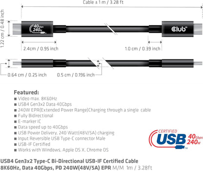 Club 3D USB4 Gen3x2 Type-C Bi-Directional USB-IF Certified Cable 8K60Hz, Data 40Gbps, PD 240W EPR M/M 1m CAC-1576