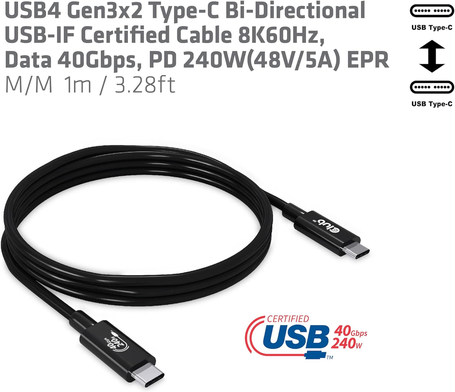 Club 3D USB4 Gen3x2 Type-C Bi-Directional USB-IF Certified Cable 8K60Hz, Data 40Gbps, PD 240W EPR M/M 1m CAC-1576