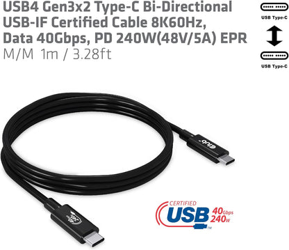 Club 3D USB4 Gen3x2 Type-C Bi-Directional USB-IF Certified Cable 8K60Hz, Data 40Gbps, PD 240W EPR M/M 1m CAC-1576