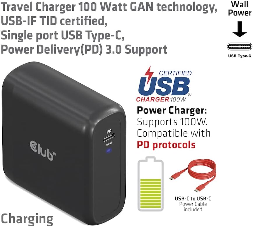 `Club3D Reiseladegerat 1xUSB Typ C, PD 100W retai`