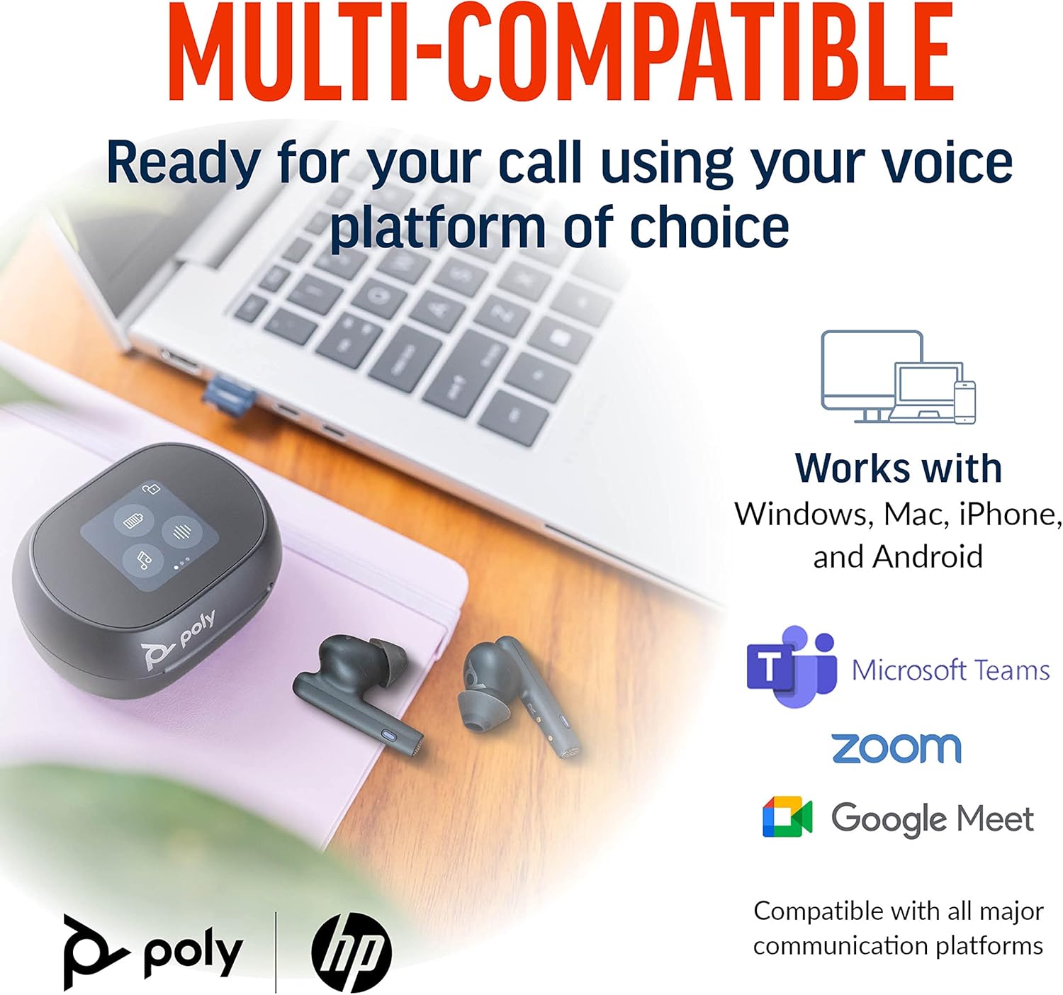 Poly Voyager Free 60+ Auricolari True Wireless - Microfoni a cancellazione di rumore per chiamate chiare - Cancellazione attiva del rumore (ANC) - Custodia a ricarica intelligente con controlli touch