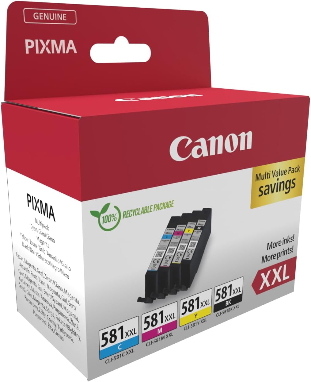 Canon CLI-581 XXL C M Y BK Vorteilspack 4 Tintenpatronen höchste Reichweite XXL (Schwarz XXL, Cyan XXL, Magenta XXL, Gelb XXL) Original