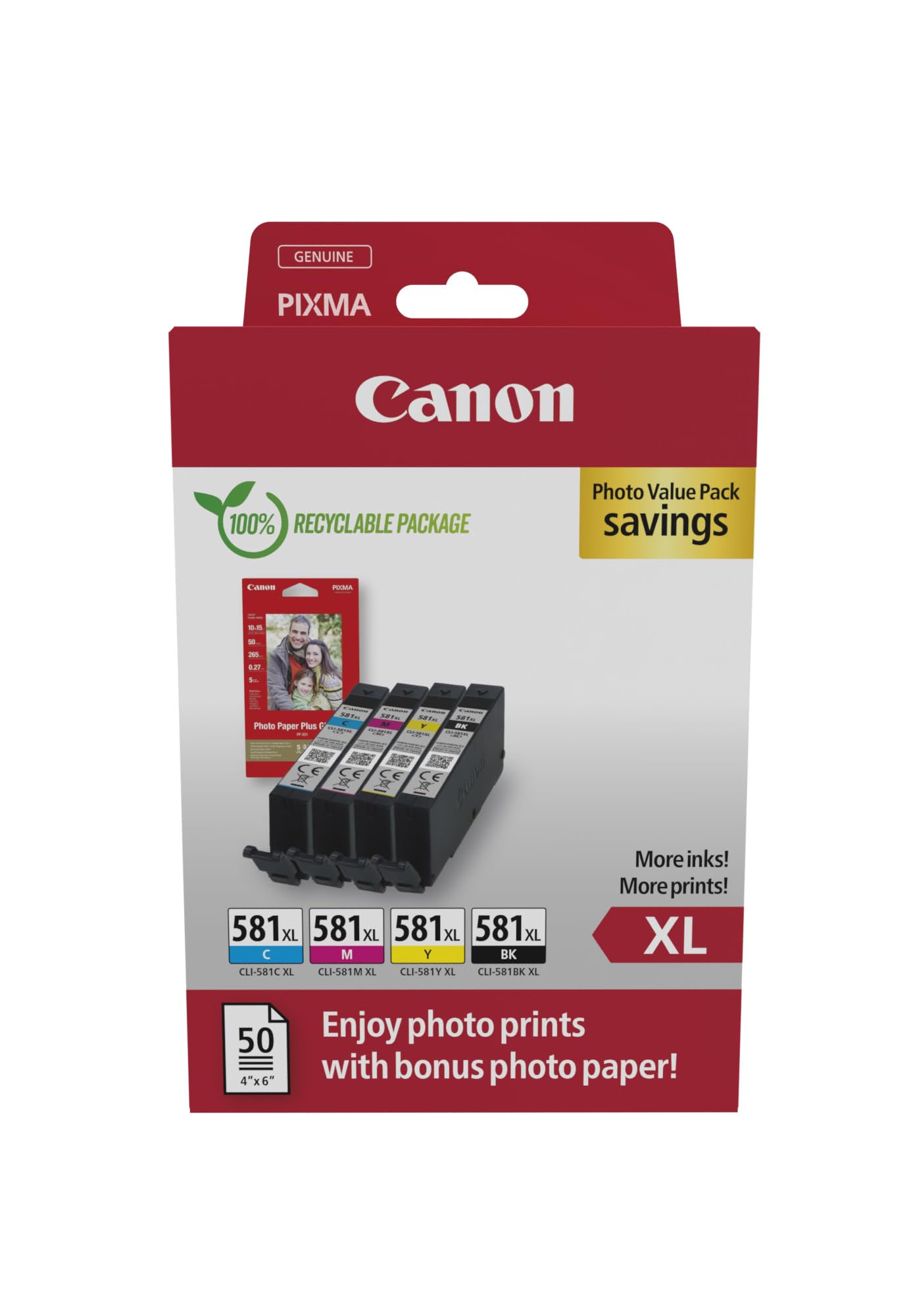 Canon CLI-581 XL C M Y BK Vorteilspack 4 Tintenpatronen größere Reichweite XL (Schwarz XL, Cyan XL, Magenta XL, Gelb XL) Original