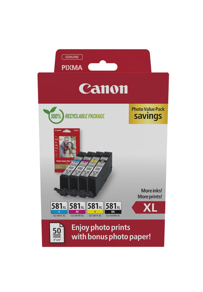 Canon CLI-581 XL C M Y BK Vorteilspack 4 Tintenpatronen größere Reichweite XL (Schwarz XL, Cyan XL, Magenta XL, Gelb XL) Original