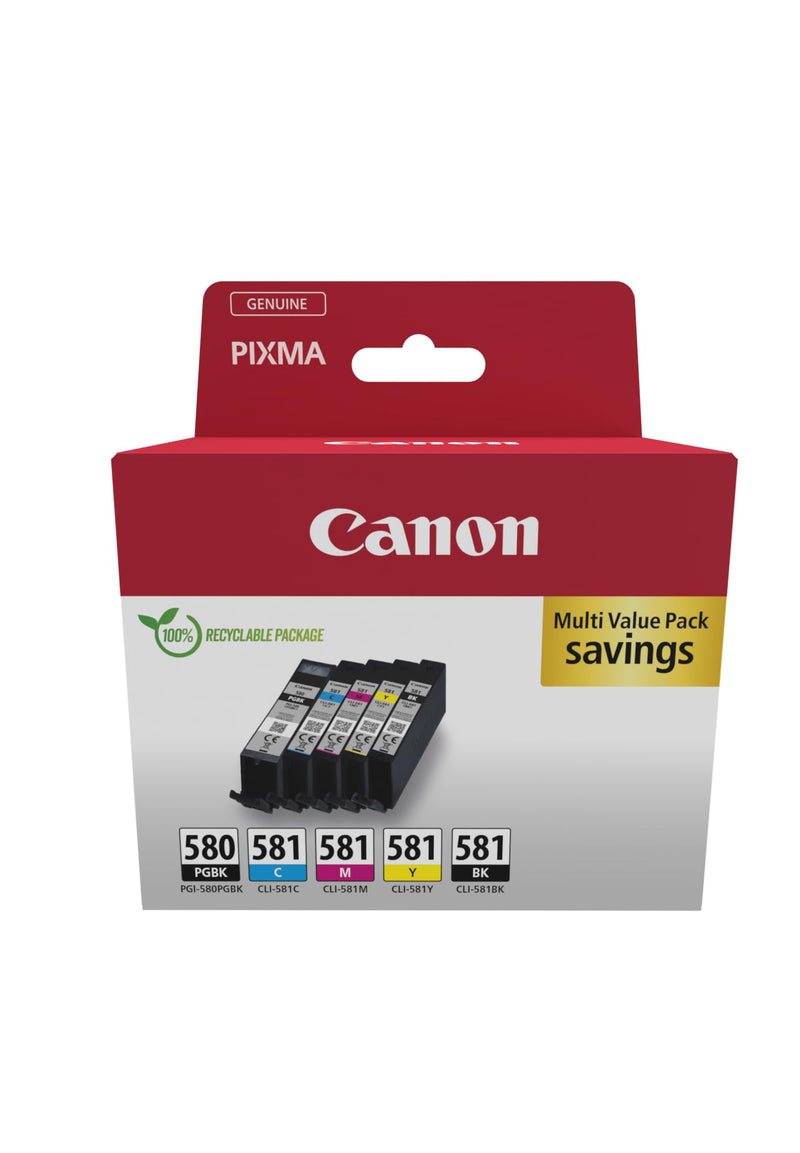 Canon PGI-580 CLI-581 BK C M Y PGBK Confezione da 5 Cartucce d'inchiostro (Nero Ciano Magenta Giallo Pigmento nero colore) Originale