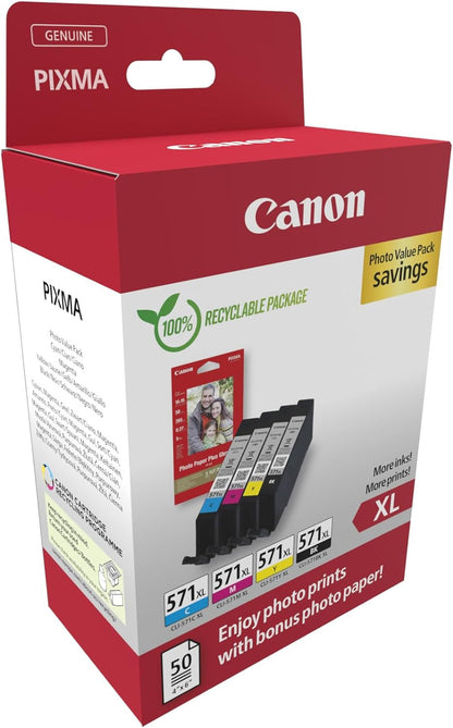 Canon CLI-571 XL C M Y BK Vorteilspack 4 Tintenpatronen größere Reichweite XL (Schwarz XL, Cyan XL, Magenta XL, Gelb XL) Original