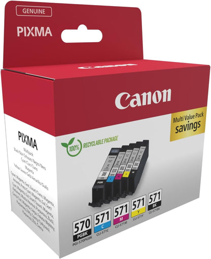 Canon PGI-570 / CLI-571 Genuine Ink Cartridges, Pack of 5 (2 x Black, Cyan, Magenta, Yellow) - Cardboard Multipack
