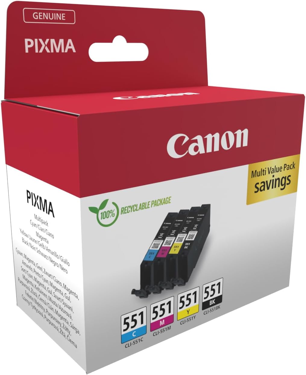 Canon CLI-551 C M Y BK Vorteilspack 4 Tintenpatronen (Schwarz, Cyan, Magenta, Gelb) Original