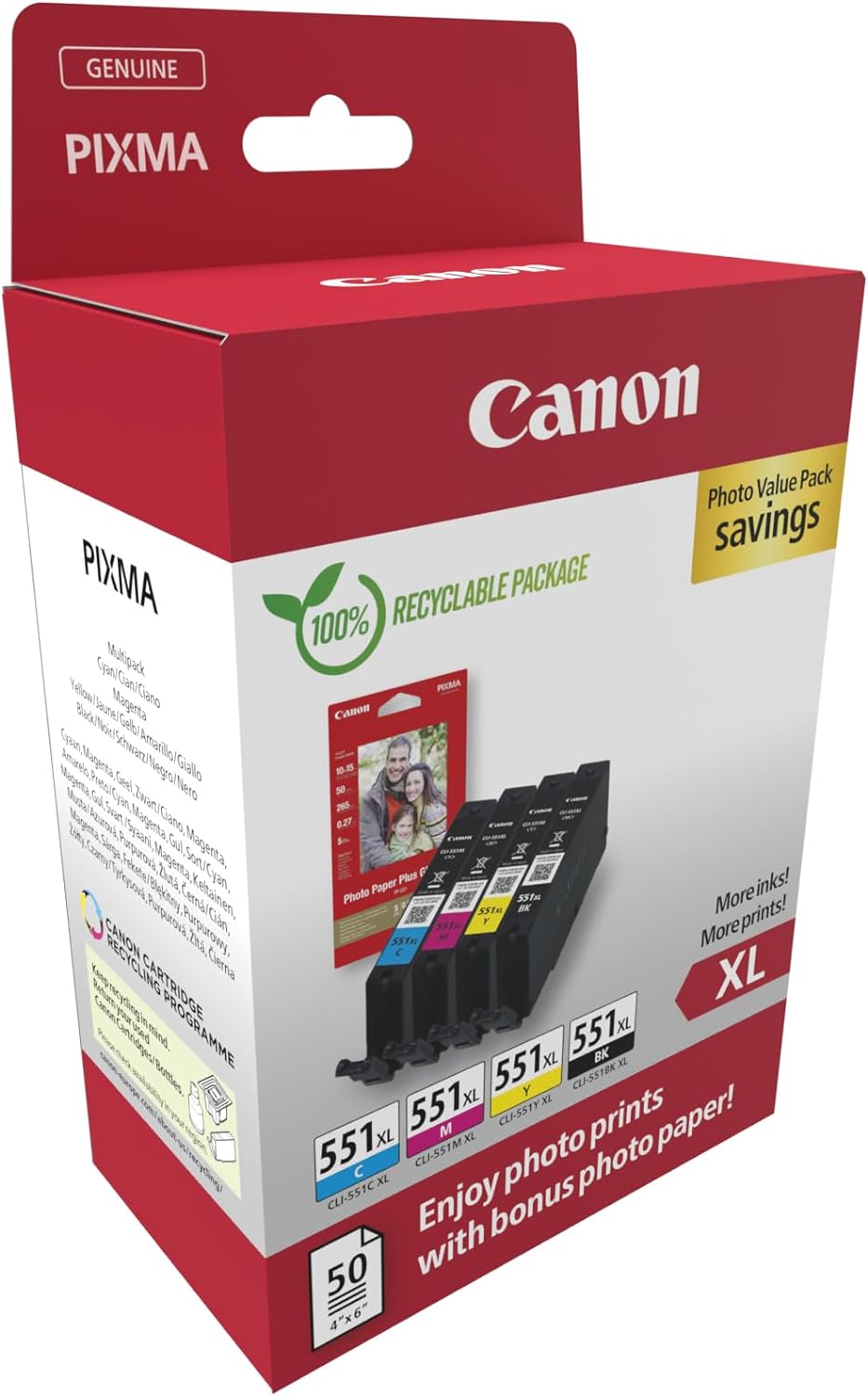 Canon CLI-551 XL C M Y BK Vorteilspack 4 Tintenpatronen größere Reichweite XL (Schwarz XL, Cyan XL, Magenta XL, Gelb XL) Original