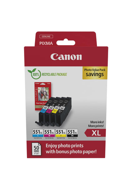 Canon CLI-551 XL C M Y BK Vorteilspack 4 Tintenpatronen größere Reichweite XL (Schwarz XL, Cyan XL, Magenta XL, Gelb XL) Original