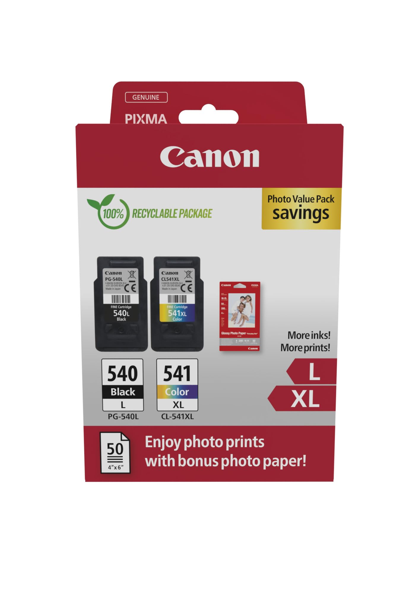 Canon PG540 L CL541 XL Vorteilspack 2 Tintenpatronen größere Reichweite L/LX (Schwarz L, Farbe XL) Original +50 Blatt 10x15cm Photo Paper