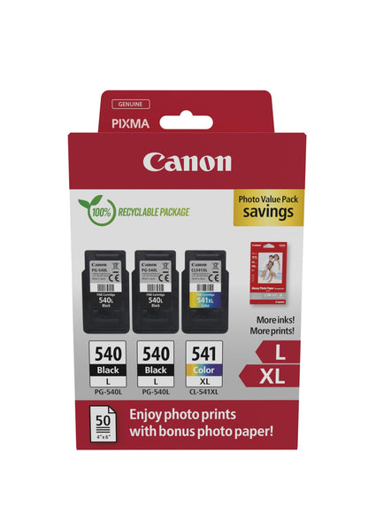 Canon PG540 L CL541 XL Vorteilspack 2 Tintenpatronen größere Reichweite L/LX (Schwarz L, Farbe XL) Original +50 Blatt 10x15cm Photo Paper