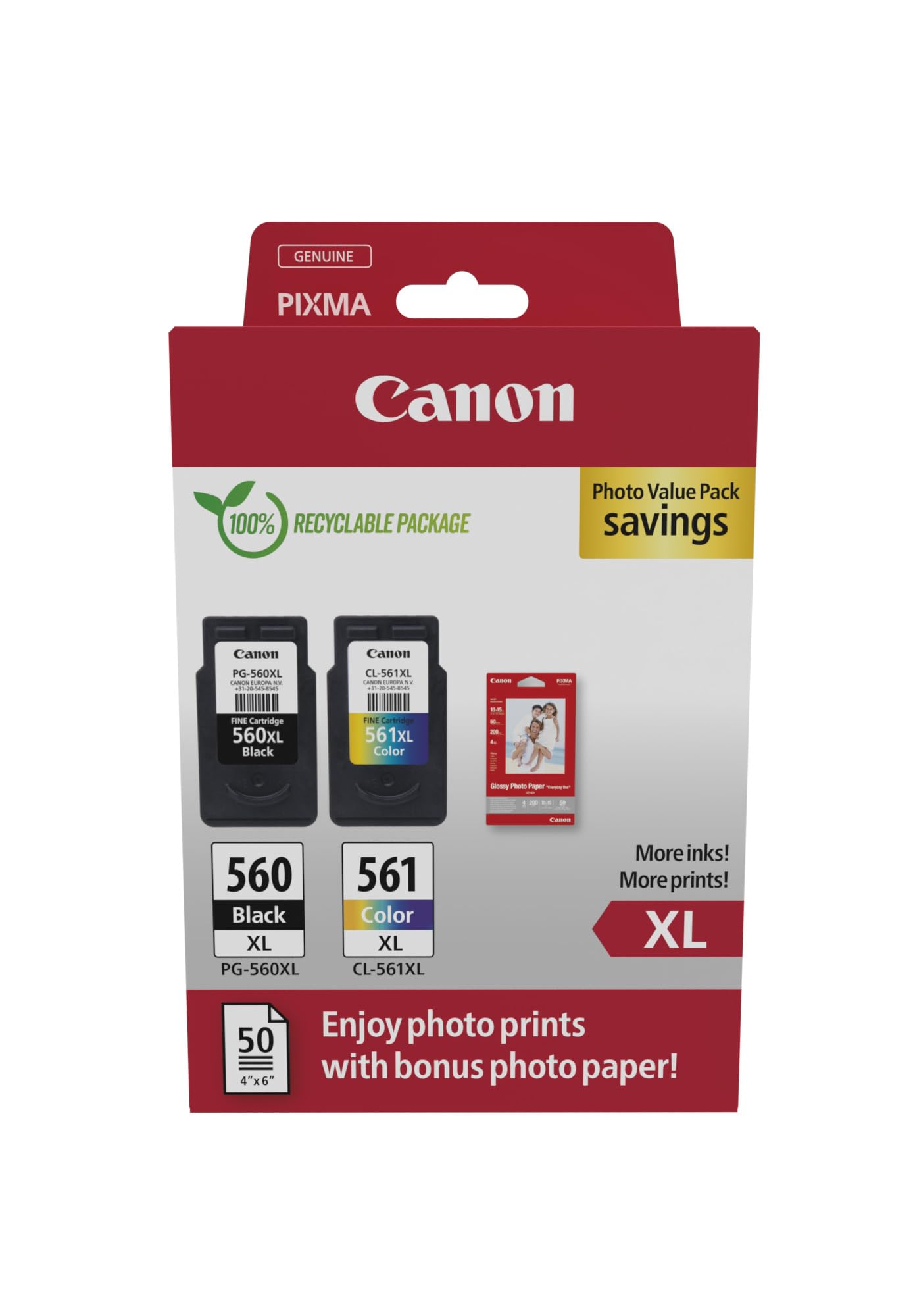 Canon PG-560 XL CL-561 XL Vorteilspack 2 Tintenpatronen größere Reichweite XL (Schwarz XL, Farbe XL) Original +50 Blatt 10x15cm Photo Paper
