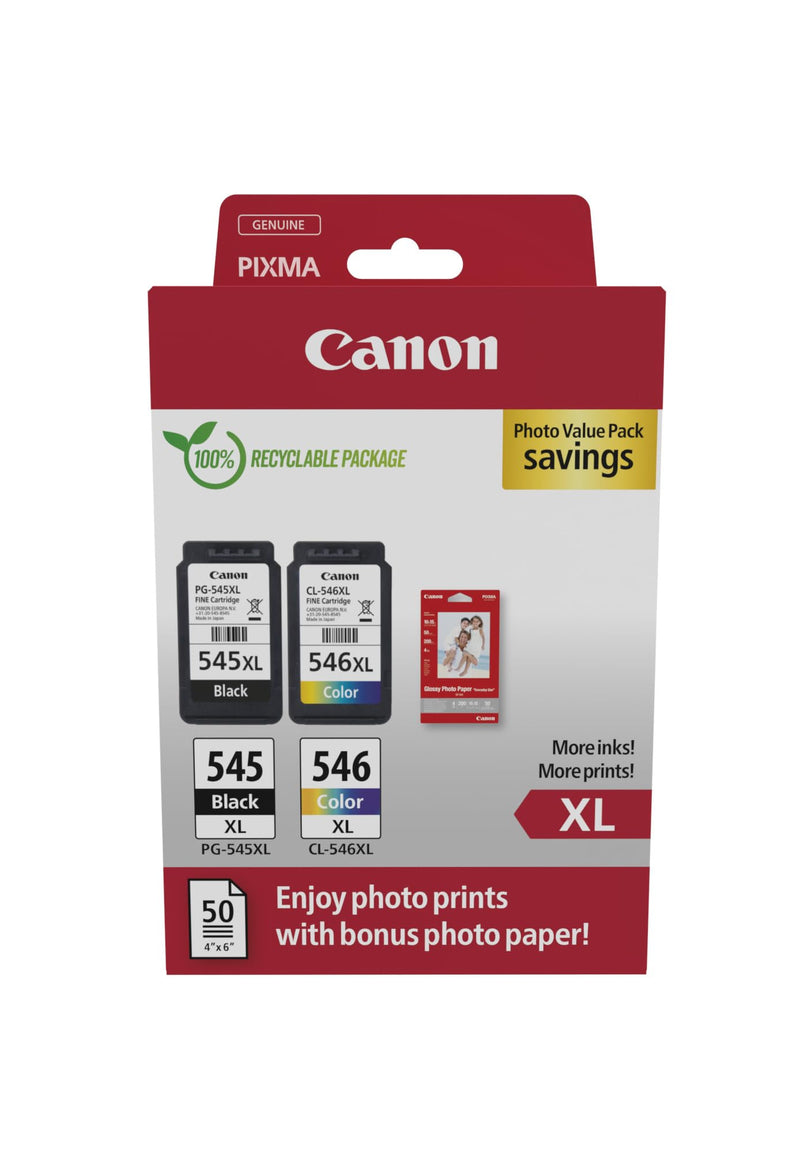 Canon PG-545 XL CL-546 XL Vorteilspack 2 Tintenpatronen größere Reichweite XL (Schwarz XL, Farbe XL) Original +50 Blatt 10x15cm Photo Paper