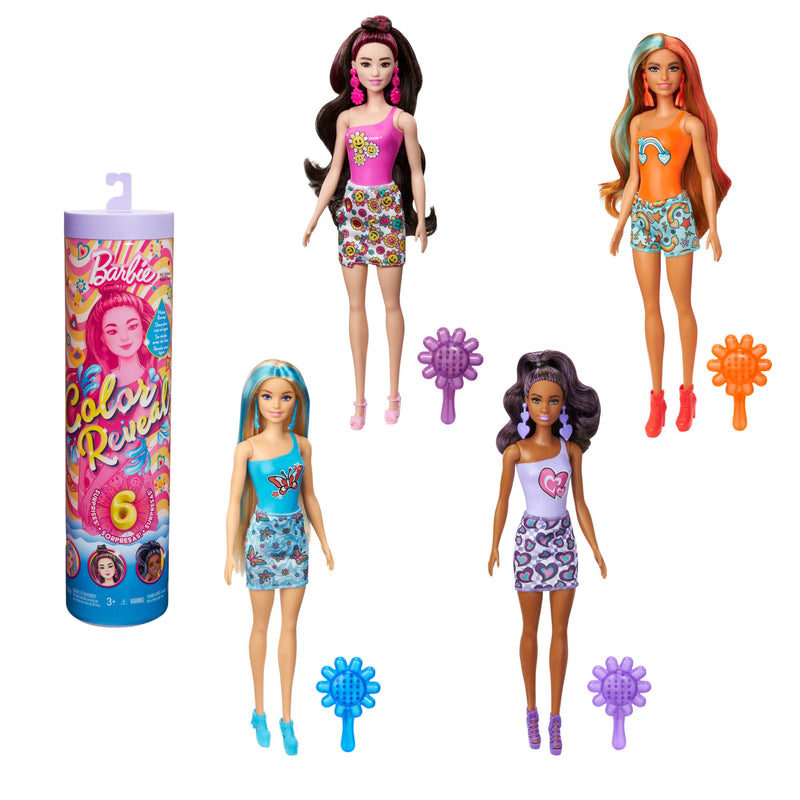 Barbie Color Reveal Doll & Accessories with 6 Unboxing Surprises, Rainbow-Inspired Series with Color-Change Bodice, 1960s Themes, HRK06