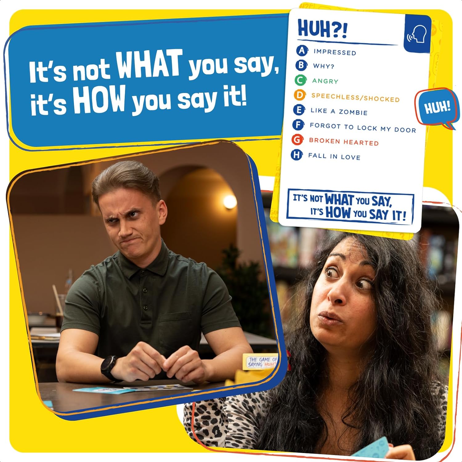 TOMY The Game of Saying 'Huh?!' - Voice Impressions Card Games - Funny Party Game of Acting & Guessing Correctly to Win - Family Board Games for Adults, Teens & Kids 8+ - Board Game for 3-8 Players