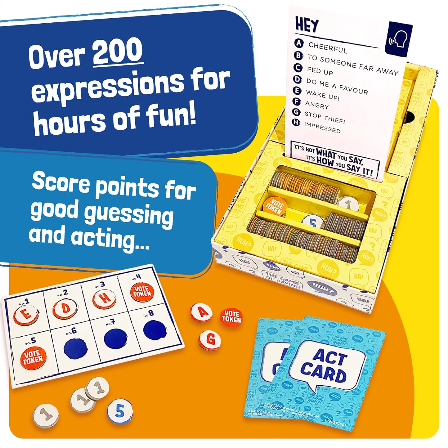TOMY The Game of Saying 'Huh?!' - Voice Impressions Card Games - Funny Party Game of Acting & Guessing Correctly to Win - Family Board Games for Adults, Teens & Kids 8+ - Board Game for 3-8 Players