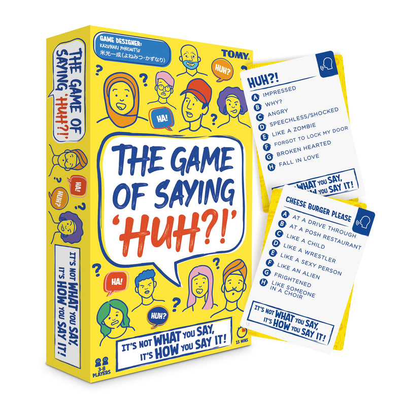 TOMY The Game of Saying 'Huh?!' - Voice Impressions Card Games - Funny Party Game of Acting & Guessing Correctly to Win - Family Board Games for Adults, Teens & Kids 8+ - Board Game for 3-8 Players