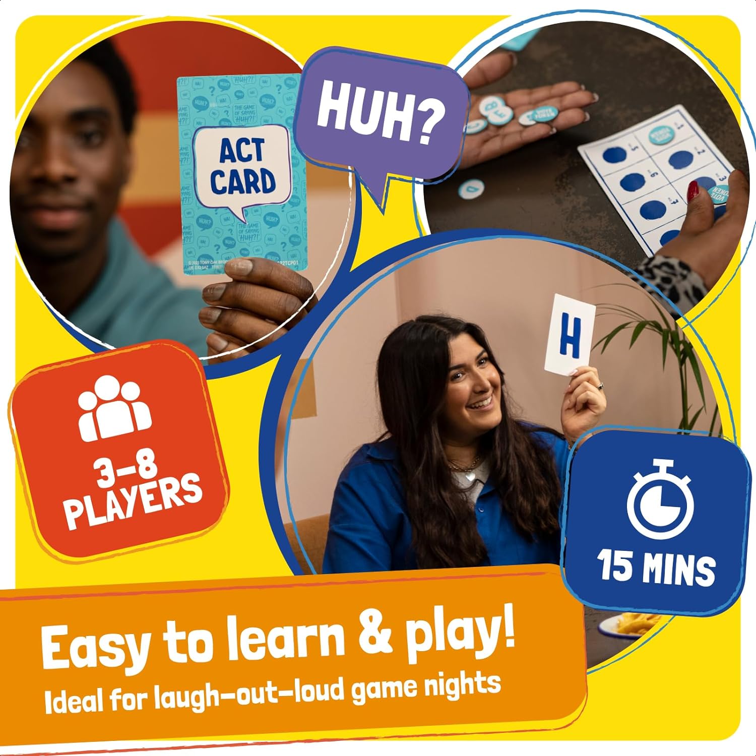 TOMY The Game of Saying 'Huh?!' - Voice Impressions Card Games - Funny Party Game of Acting & Guessing Correctly to Win - Family Board Games for Adults, Teens & Kids 8+ - Board Game for 3-8 Players