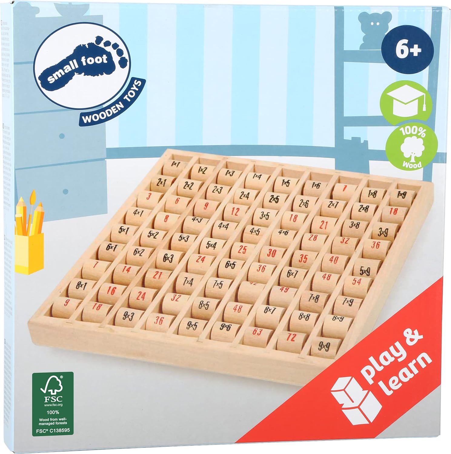 Small Foot 11059 Multiplication Table Made of Wood, Learning Game for The Elementary School, Calculating Board with self-Control Toys, Multicolored FSC® wood