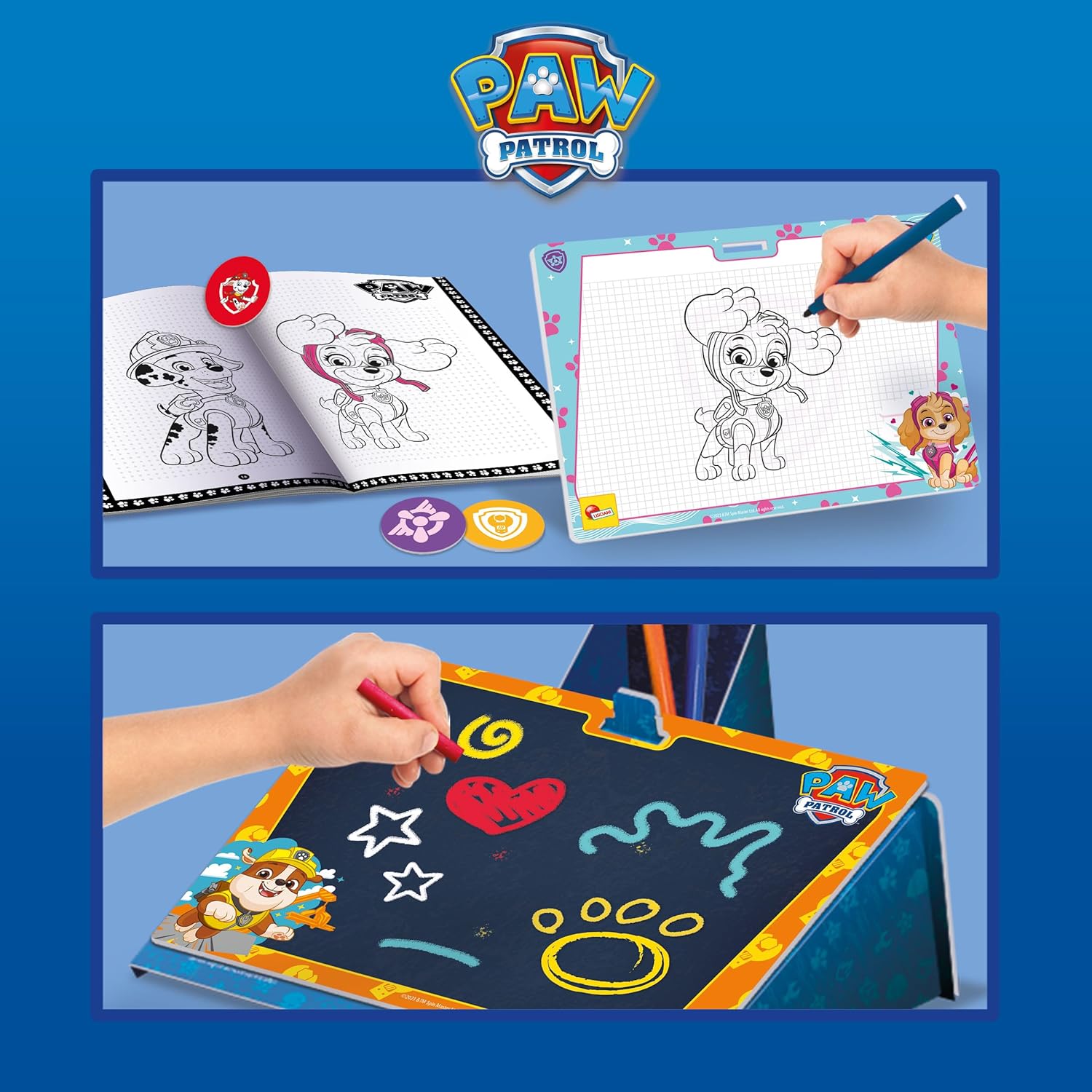 Lisciani - La Patrol - Schule für Zeichnen und Malen - Rucksack - Kreatives Spiel - Zeichnen und Malen lernen - Anleitung aus dem Heft - Schiefer mit Pult zum Bauen - Für Kinder ab 3 Jahren