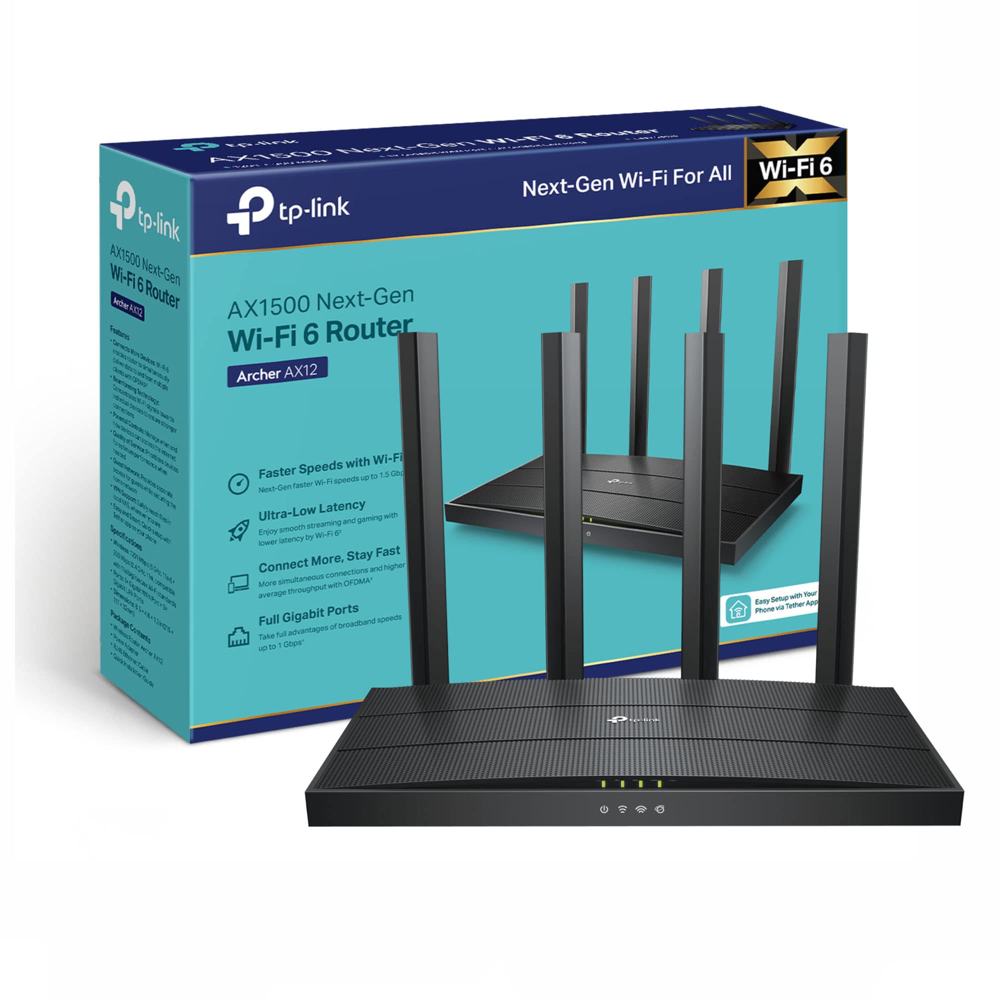 TP-Link Next-Gen Wi-Fi 6 AX1500 Mbps Gigabit Dual Band Wireless Router, WPA3 Security, Ideal for Gaming Xbox/PS4/Steam and 4K, Plug and Play (Archer AX12
