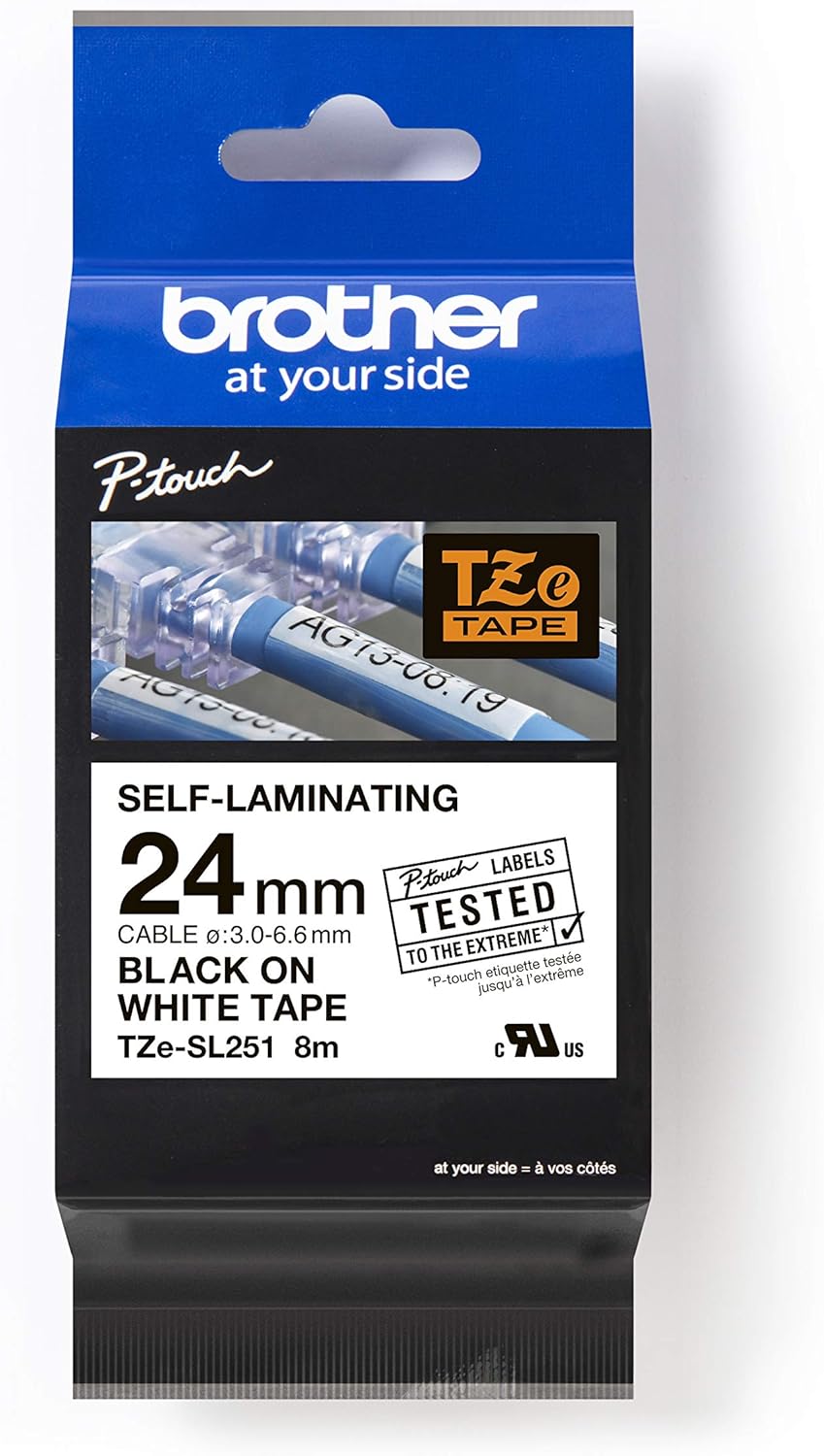 Genuine Brother TZe-SL251 Self Laminating Label Tape Black on White - 24mm Wide x 8m Long