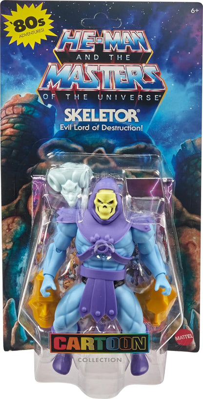 Masters of the Universe Origins - Skeletor Collezione Cartoon, action figure articolata alta 14+ cm, con armatura, scettro, spada e 2 maschere incluse, giocattolo per bambini, 6+ anni, HYD24 Scheletro