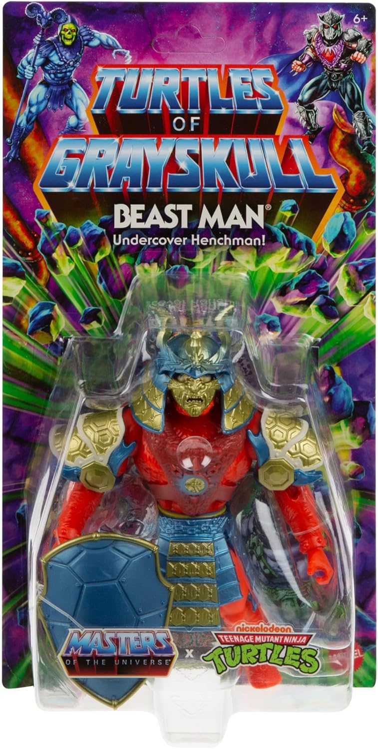 Masters of the Universe MOTU Turtles of Grayskull Beast Man, Figura de acción con armadura samurái, látigo y escudo, inspirado en las Tortugas Ninja, juguete regalo para niños y niñas +6 años, HTH11