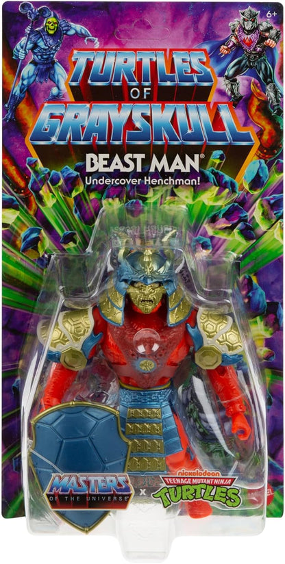 Masters of the Universe MOTU Turtles of Grayskull Beast Man, Figura de acción con armadura samurái, látigo y escudo, inspirado en las Tortugas Ninja, juguete regalo para niños y niñas +6 años, HTH11