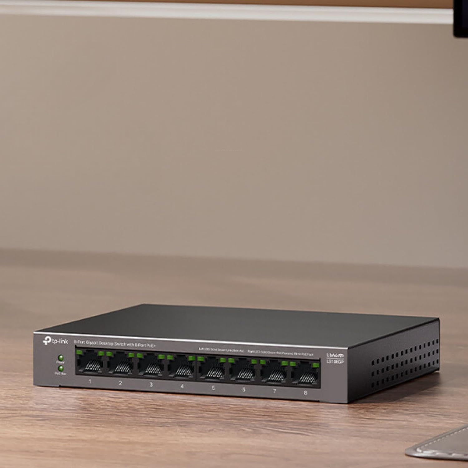 TP-Link 8-Port Gigabit Desktop Switch with 8-Port PoE+, up to 16 Gbps switching capacity, Up to 250 m PoE Transmission, Silent Operation, Fanless design, metal case, Plug and Play (LS108GP