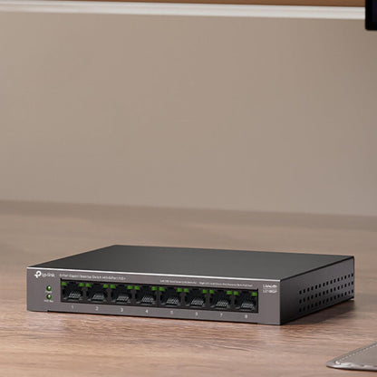 TP-Link 8-Port Gigabit Desktop Switch with 8-Port PoE+, up to 16 Gbps switching capacity, Up to 250 m PoE Transmission, Silent Operation, Fanless design, metal case, Plug and Play (LS108GP