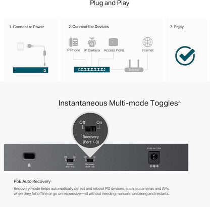TP-Link 8-Port Gigabit Desktop Switch with 8-Port PoE+, up to 16 Gbps switching capacity, Up to 250 m PoE Transmission, Silent Operation, Fanless design, metal case, Plug and Play (LS108GP
