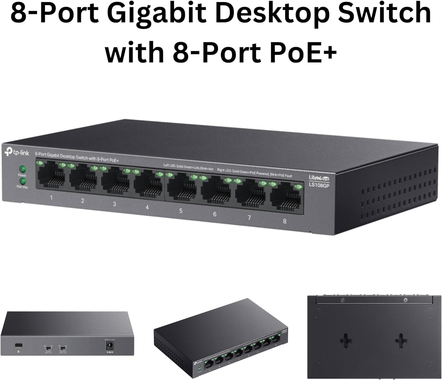 TP-Link 8-Port Gigabit Desktop Switch with 8-Port PoE+, up to 16 Gbps switching capacity, Up to 250 m PoE Transmission, Silent Operation, Fanless design, metal case, Plug and Play (LS108GP
