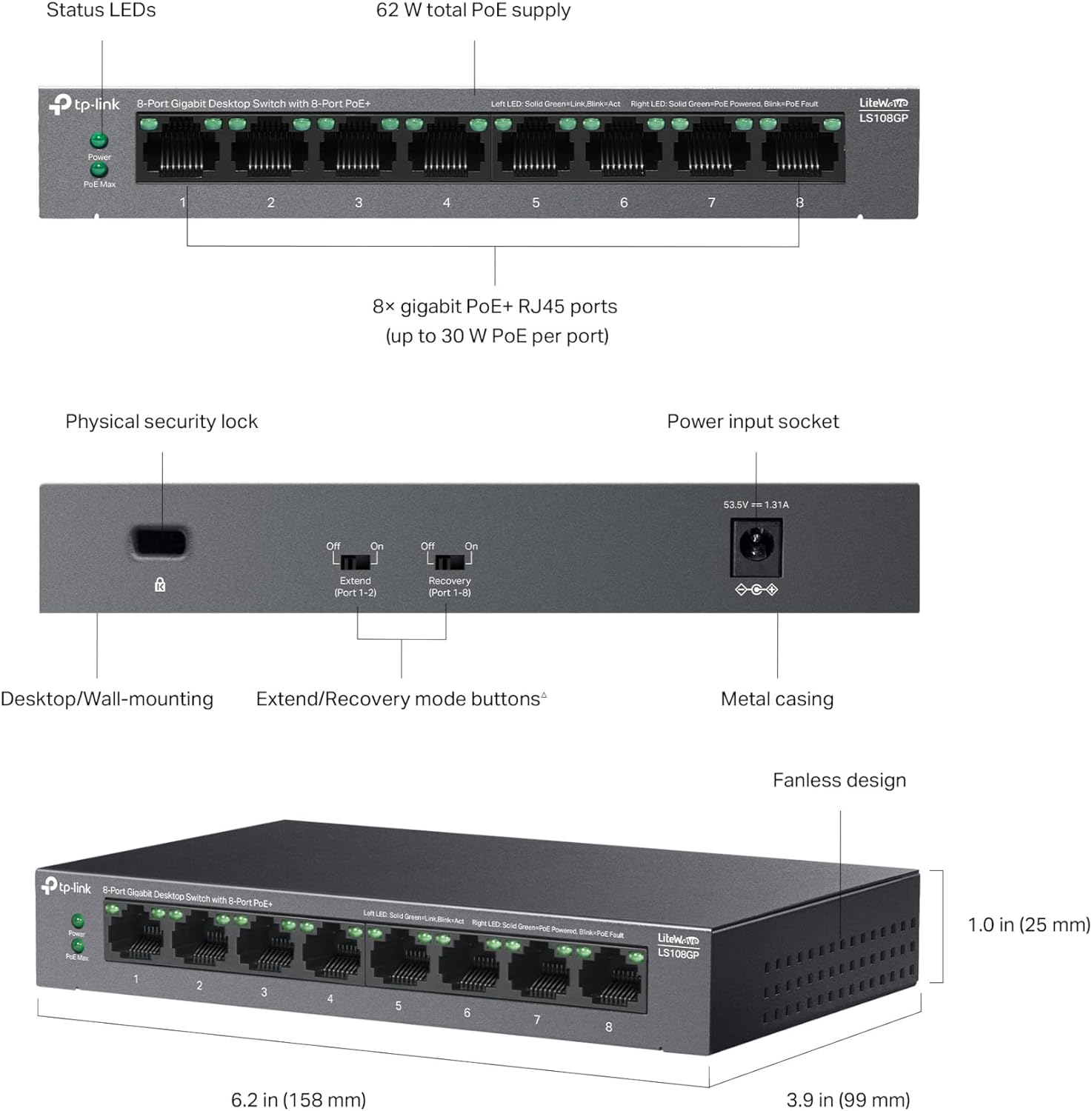 TP-Link 8-Port Gigabit Desktop Switch with 8-Port PoE+, up to 16 Gbps switching capacity, Up to 250 m PoE Transmission, Silent Operation, Fanless design, metal case, Plug and Play (LS108GP