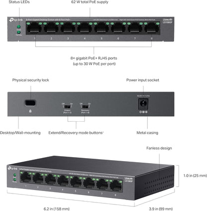 TP-Link 8-Port Gigabit Desktop Switch with 8-Port PoE+, up to 16 Gbps switching capacity, Up to 250 m PoE Transmission, Silent Operation, Fanless design, metal case, Plug and Play (LS108GP