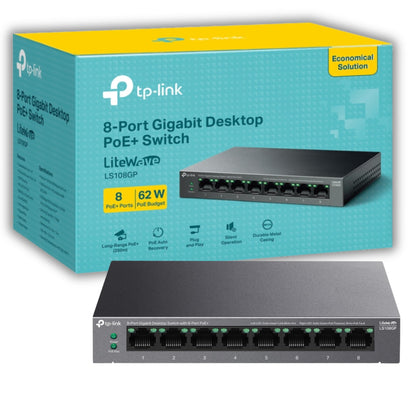 TP-Link 8-Port Gigabit Desktop Switch with 8-Port PoE+, up to 16 Gbps switching capacity, Up to 250 m PoE Transmission, Silent Operation, Fanless design, metal case, Plug and Play (LS108GP