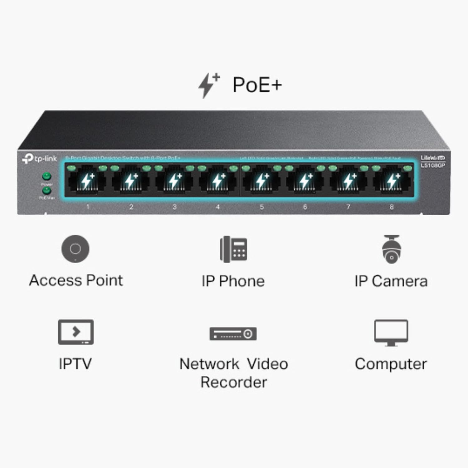 TP-Link 8-Port Gigabit Desktop Switch with 8-Port PoE+, up to 16 Gbps switching capacity, Up to 250 m PoE Transmission, Silent Operation, Fanless design, metal case, Plug and Play (LS108GP