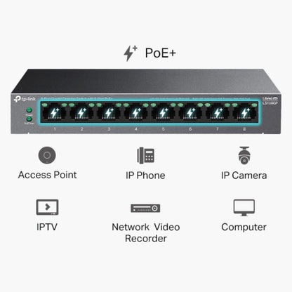 TP-Link 8-Port Gigabit Desktop Switch with 8-Port PoE+, up to 16 Gbps switching capacity, Up to 250 m PoE Transmission, Silent Operation, Fanless design, metal case, Plug and Play (LS108GP