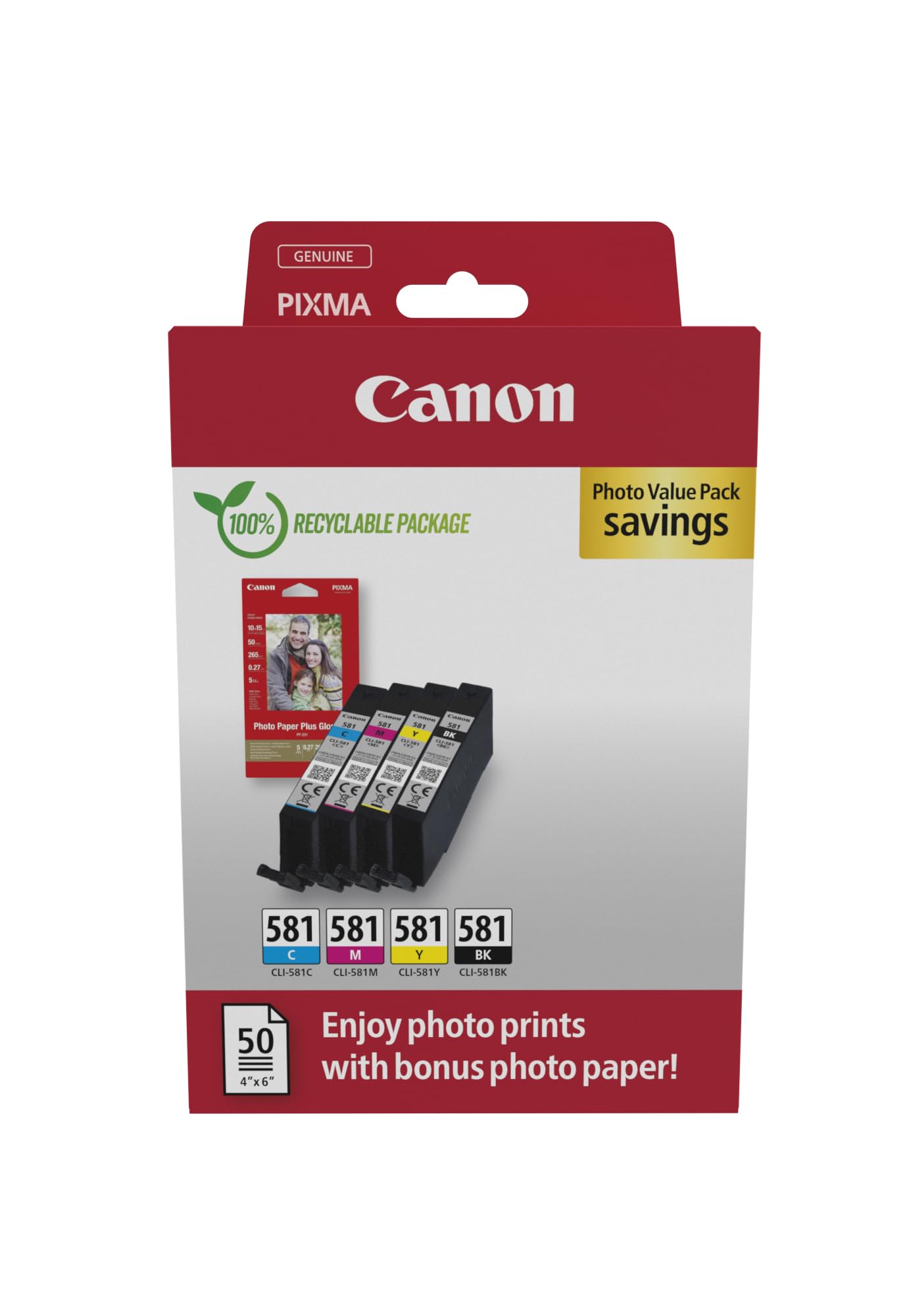 Canon CLI-581 C M Y BK Vorteilspack 4 Tintenpatronen (Schwarz, Cyan, Magenta, Gelb) Original +50 Blatt 10x15cm Photo Paper