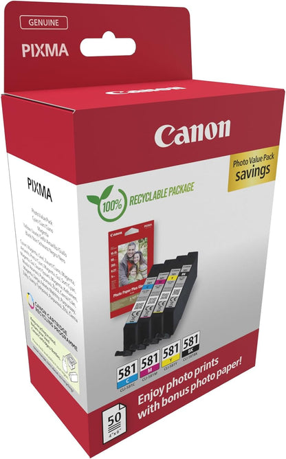 Canon CLI-581 C M Y BK Vorteilspack 4 Tintenpatronen (Schwarz, Cyan, Magenta, Gelb) Original +50 Blatt 10x15cm Photo Paper