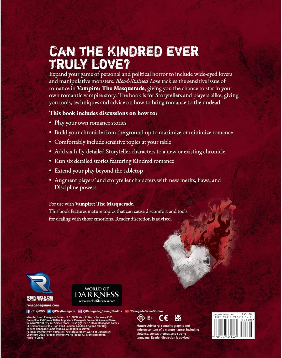 Renegade Game Studios: Vampire: The Masquerade 5th Edition Roleplaying Game Blood-Stained Love Sourcebook