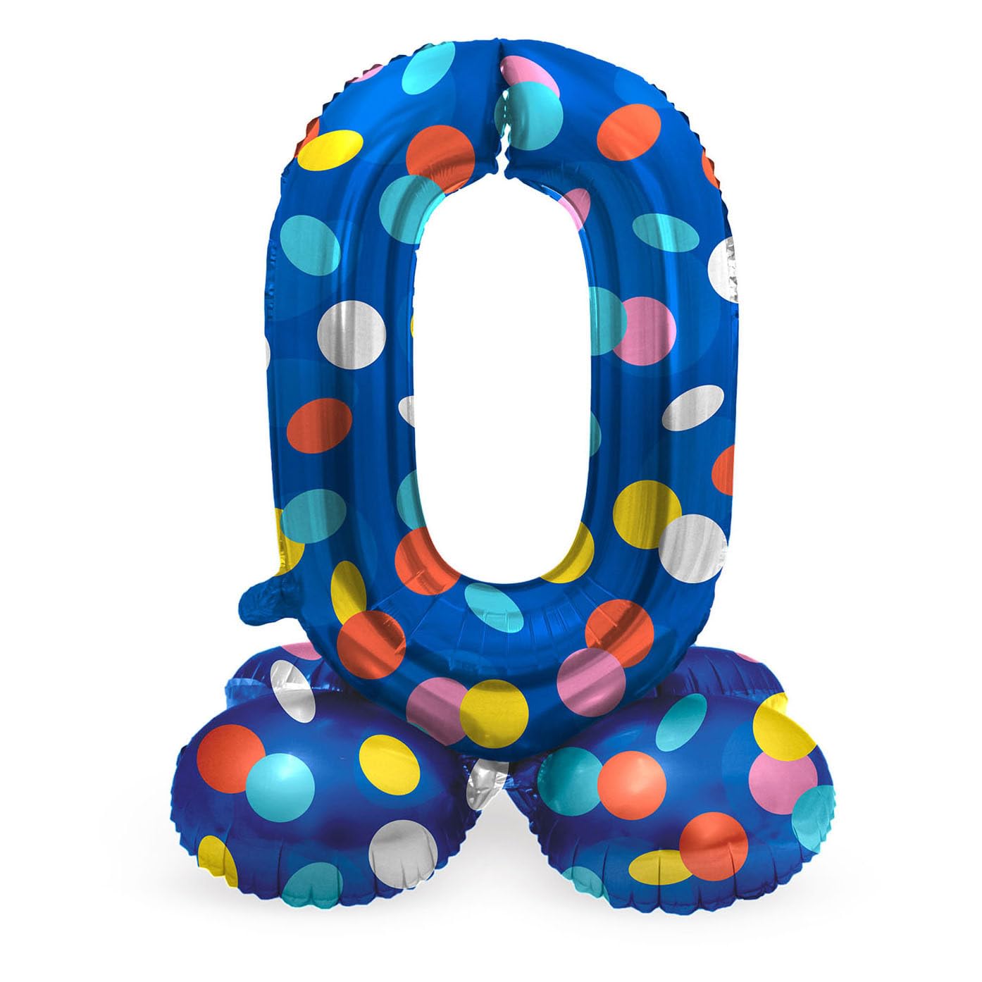 Folat 63970 Standing 0 Blue with Coloured Dots 72 cm Birthday Decoration Balloon Number No Helium Required, Multicoloured, Standard Size Number 0