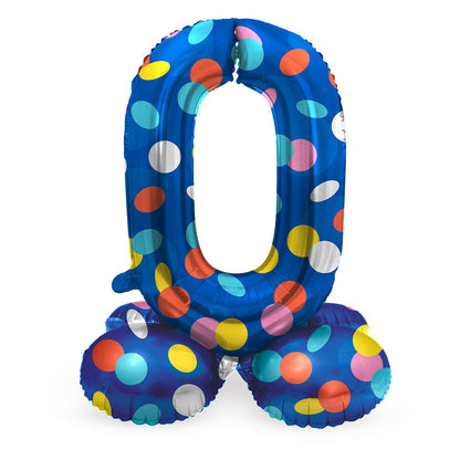 Folat 63970 Standing 0 Blue with Coloured Dots 72 cm Birthday Decoration Balloon Number No Helium Required, Multicoloured, Standard Size Number 0