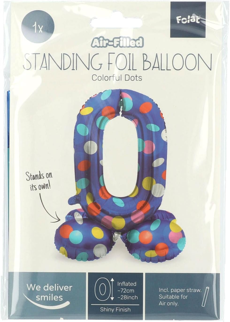 Folat 63970 Standing 0 Blue with Coloured Dots 72 cm Birthday Decoration Balloon Number No Helium Required, Multicoloured, Standard Size Number 0
